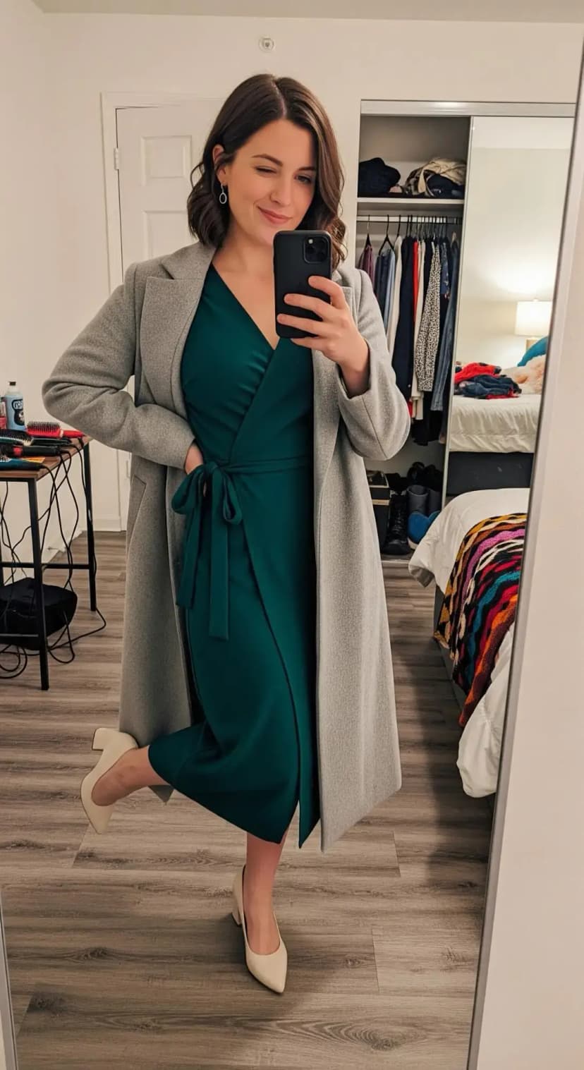 Emerald Green Wrap Dress + Grey Long Coat + Cream Pointed-Toe Heels