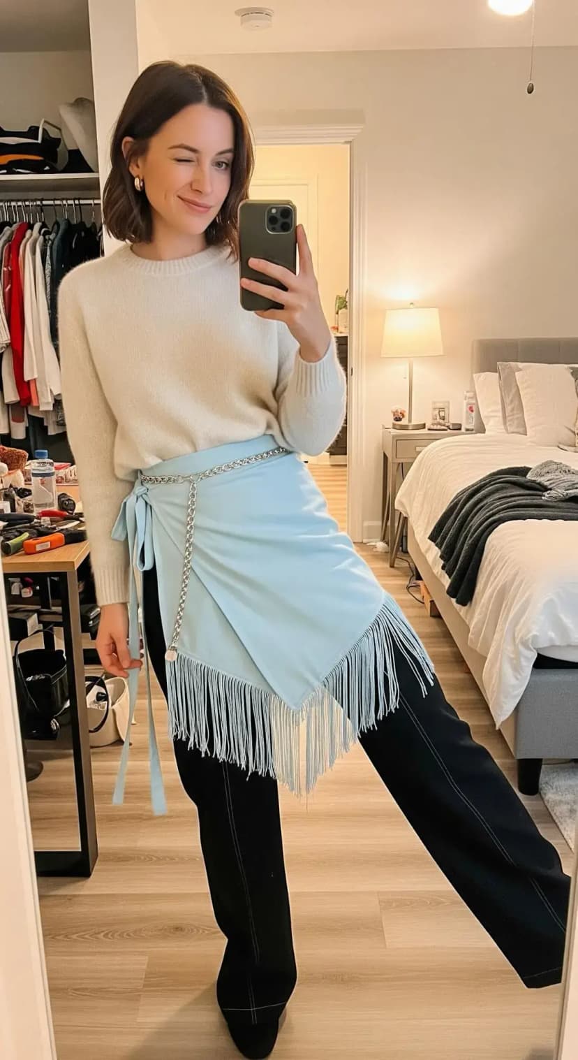 Cream Knit Sweater + Baby Blue Fringe Skirt Overlay + Trousers
