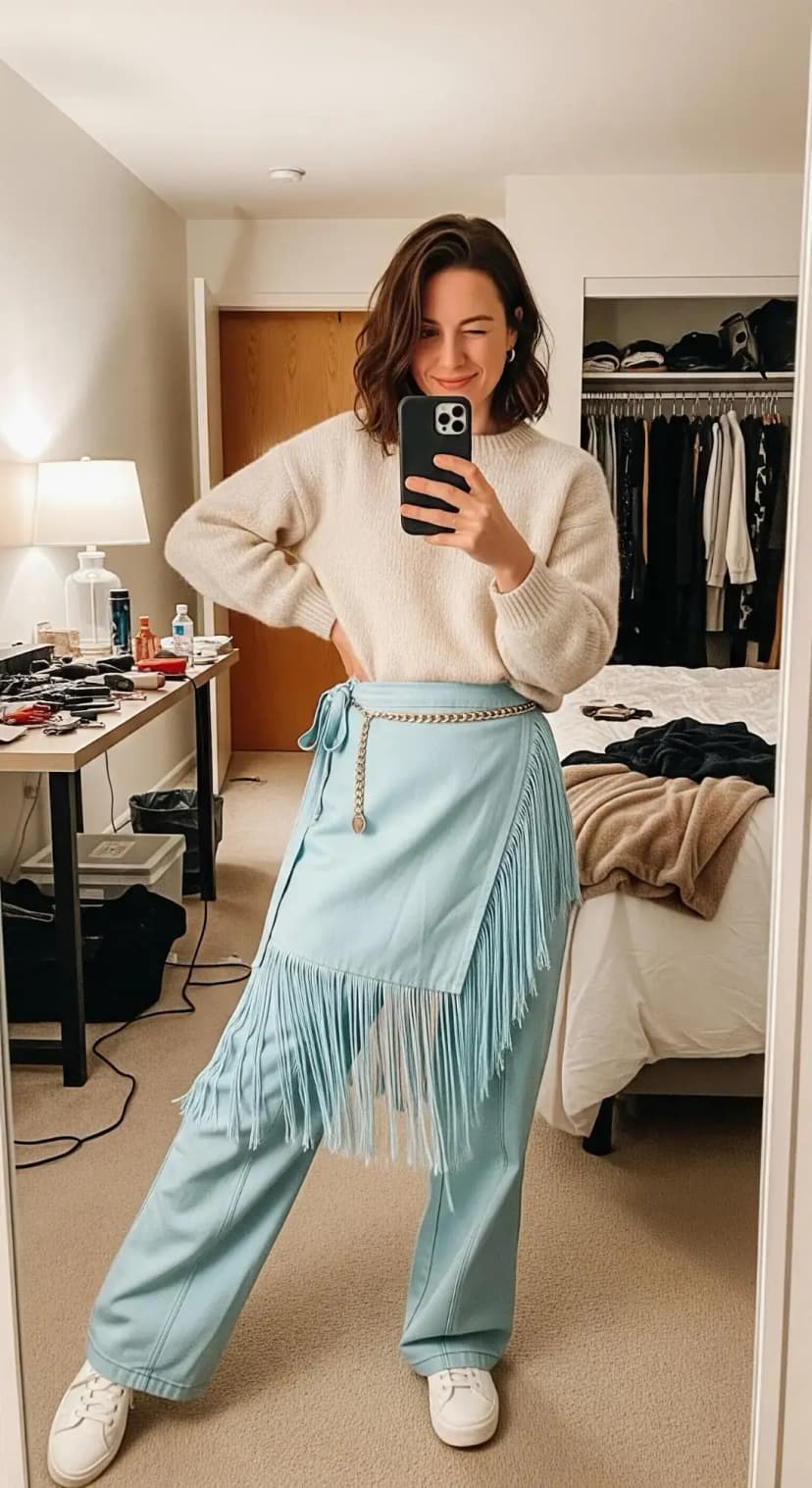 Cream Knit Sweater + Baby Blue Fringe Skirt Overlay + Trousers