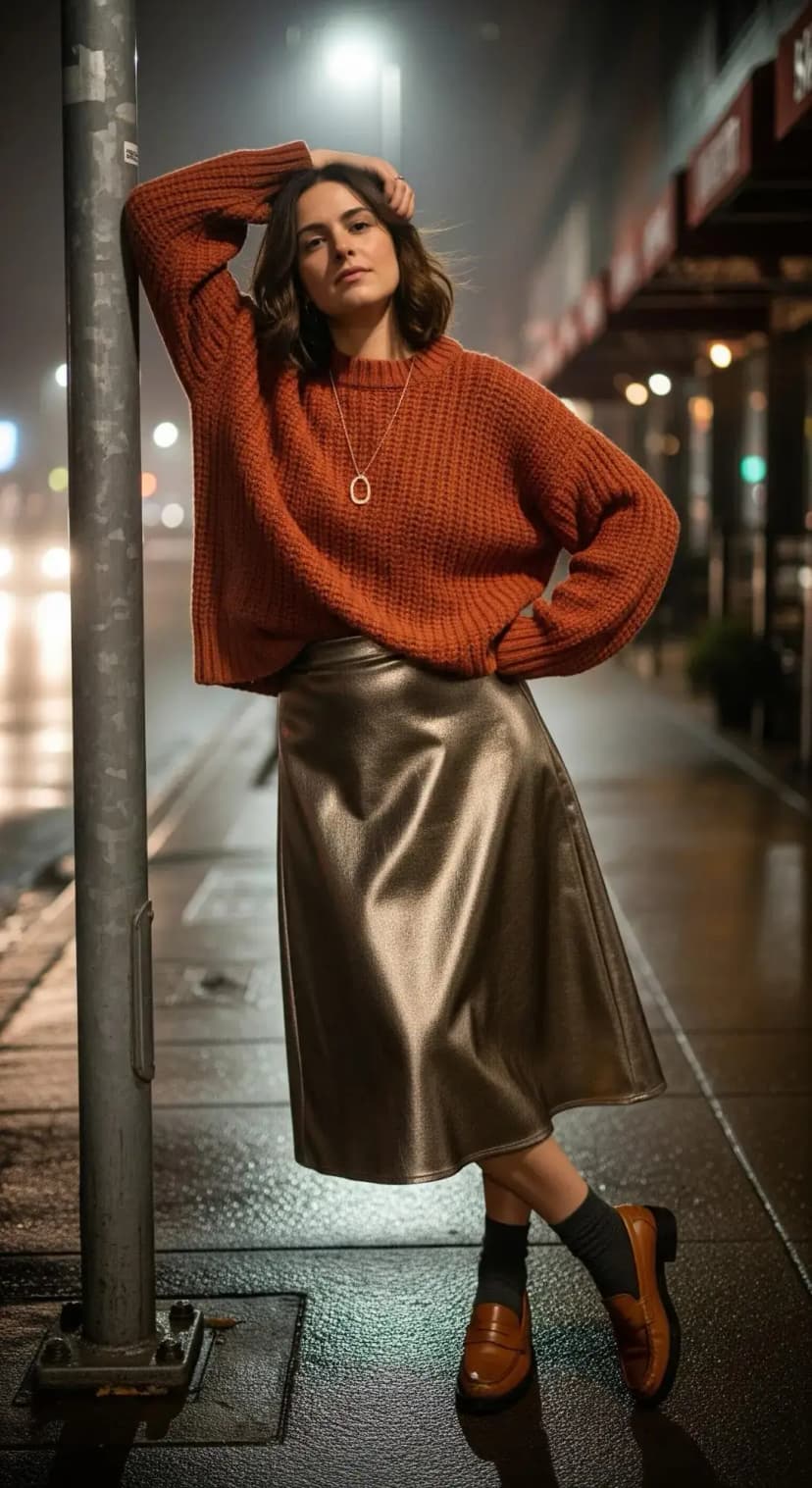 Rust Chunky Knit Sweater + Metallic Bronze Midi Skirt + Loafers