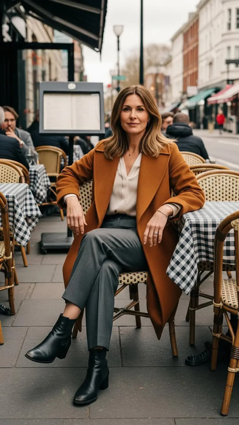 Orange Trench Coat + Ivory Blouse + Grey Trousers + Black Ankle Boots