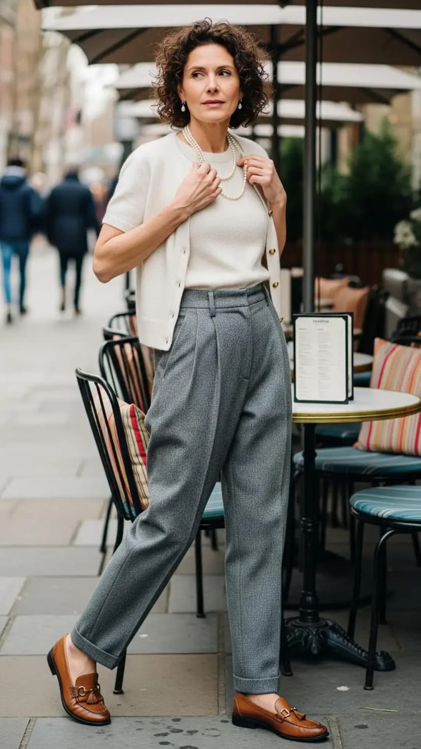 Ivory Cardigan Set + Grey Trousers + Brown Tassel Loafers + Pearl Necklace