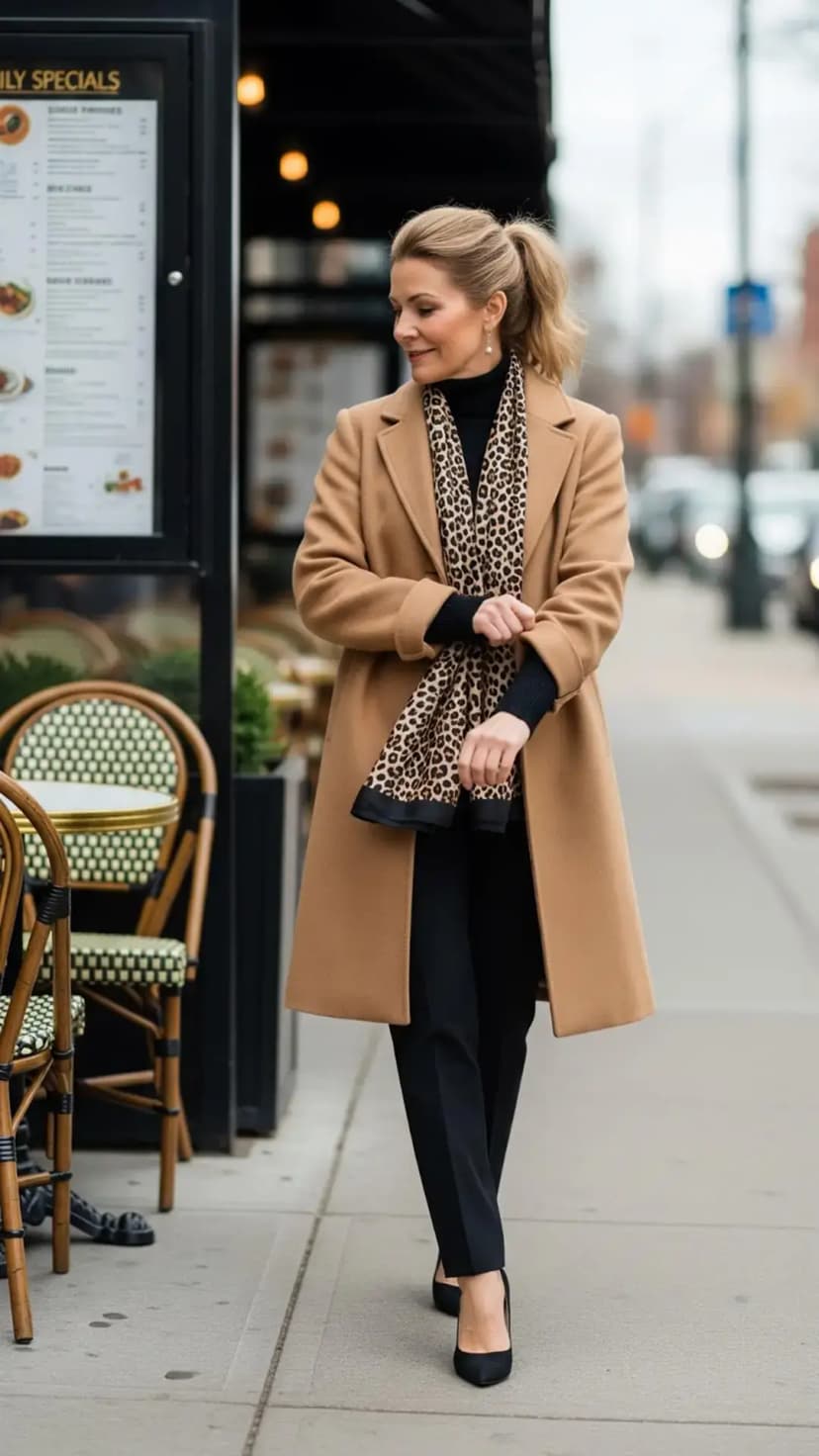 Camel Coat + Black Turtleneck + Black Pants + Leopard Print Scarf + Black Pumps