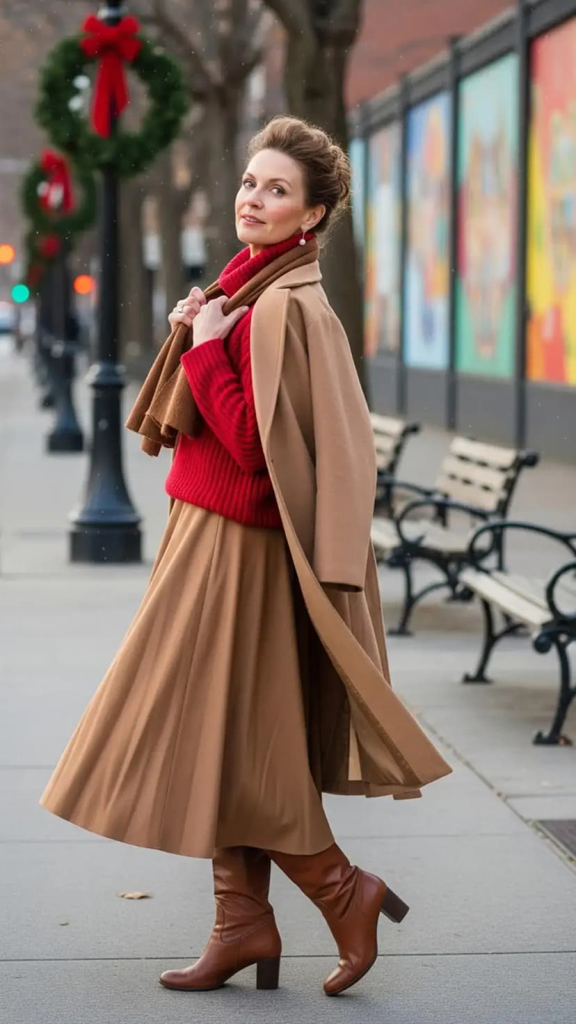 Trench Coat + Red Sweater + Pleated Skirt + Brown Boots