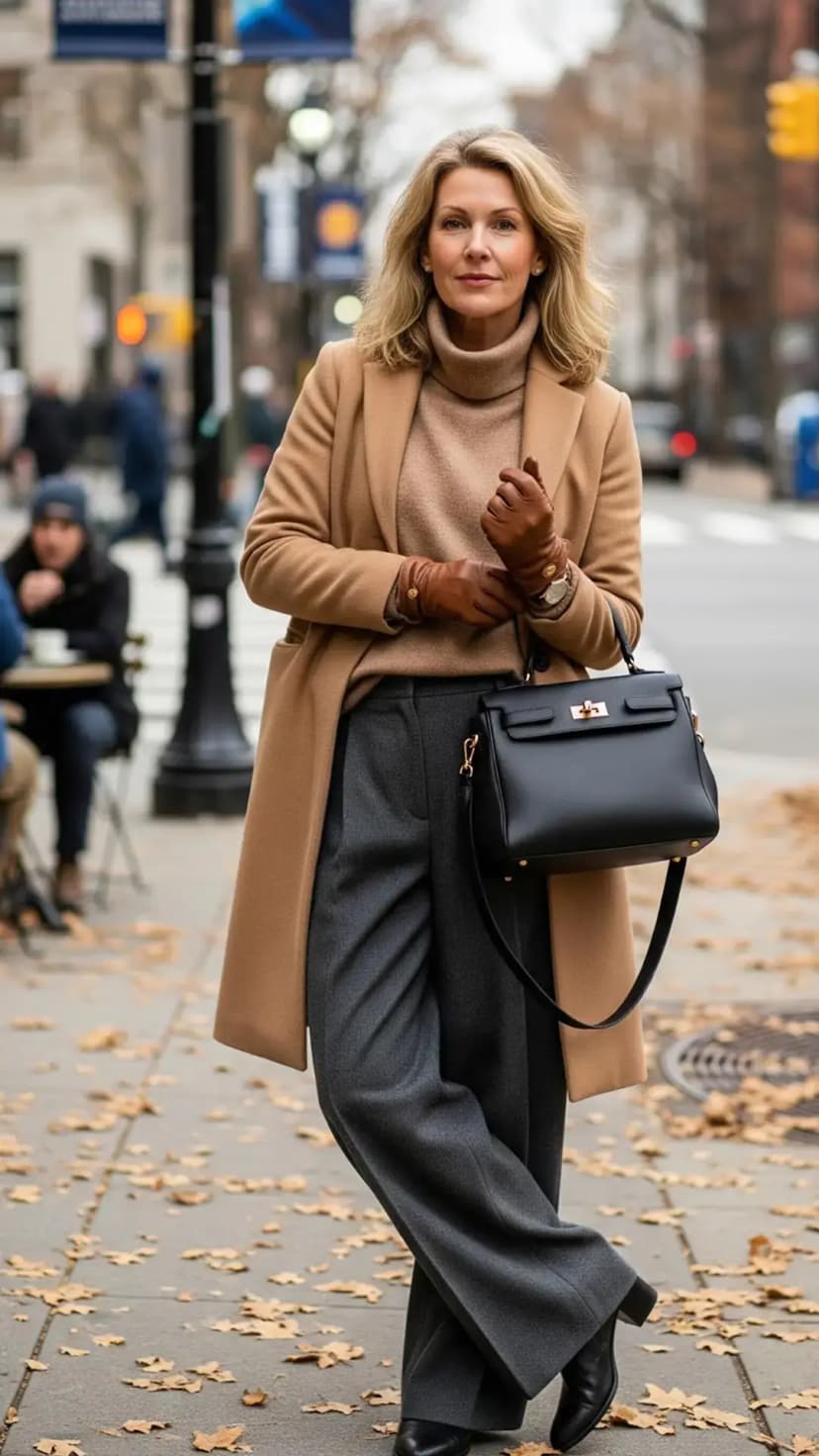 Camel Coat + Taupe Turtleneck Sweater + Grey Wide-Leg Trousers + Black Bag + Brown Gloves
