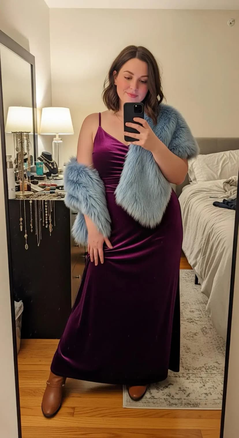 Plum Velvet Maxi Dress + Blue Faux Fur Stole + Cognac Ankle Boots
