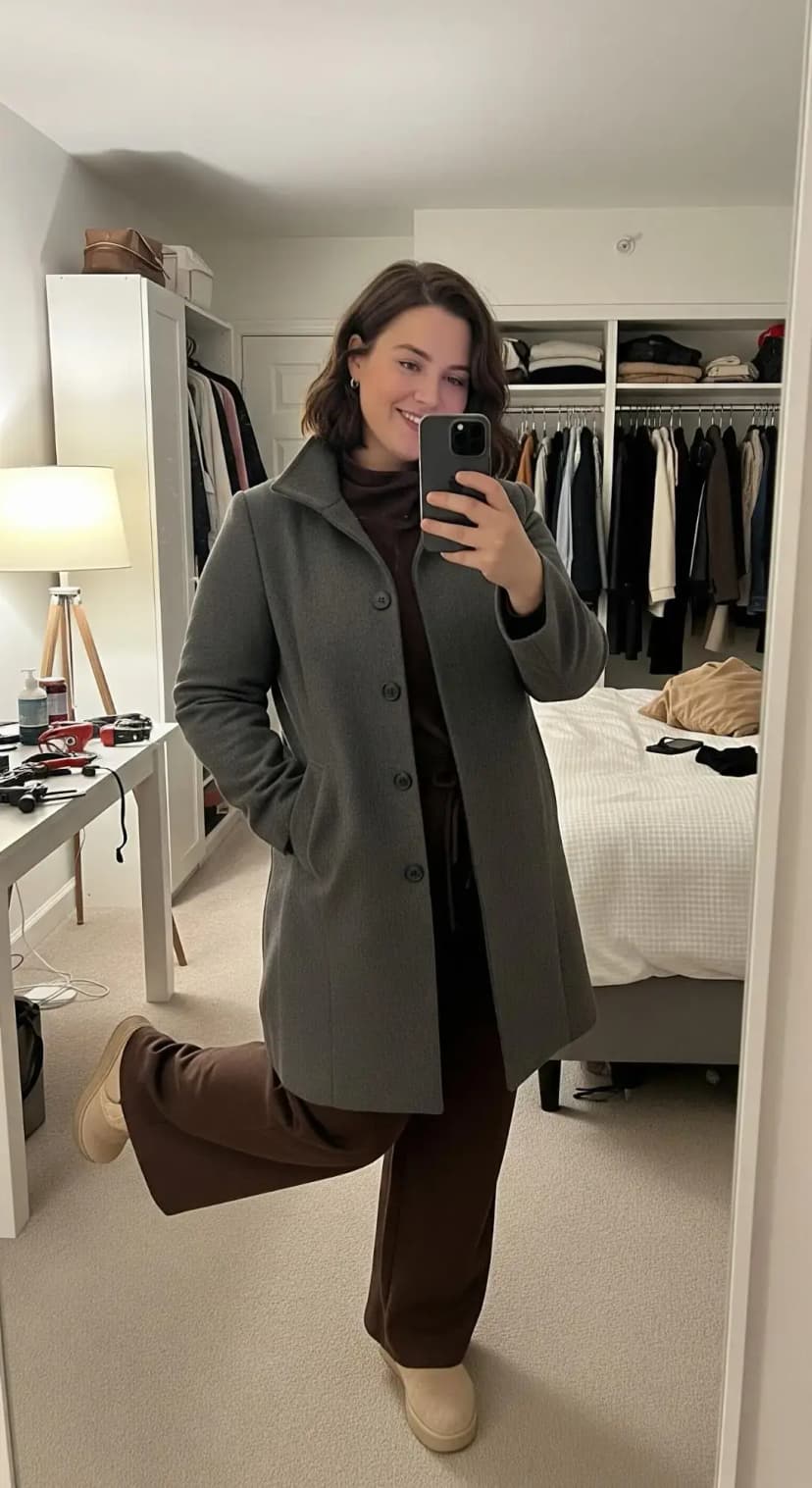 Brown Knit Dress + Grey Wool Coat + Beige Suede Boots