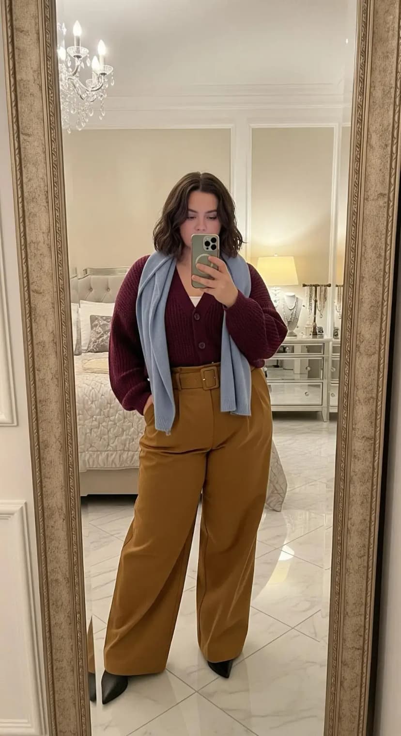 Burgundy Knit Cardigan + Tan Wide-Leg Trousers + Blue Wool Scarf + Black Pointed-Toe Boots