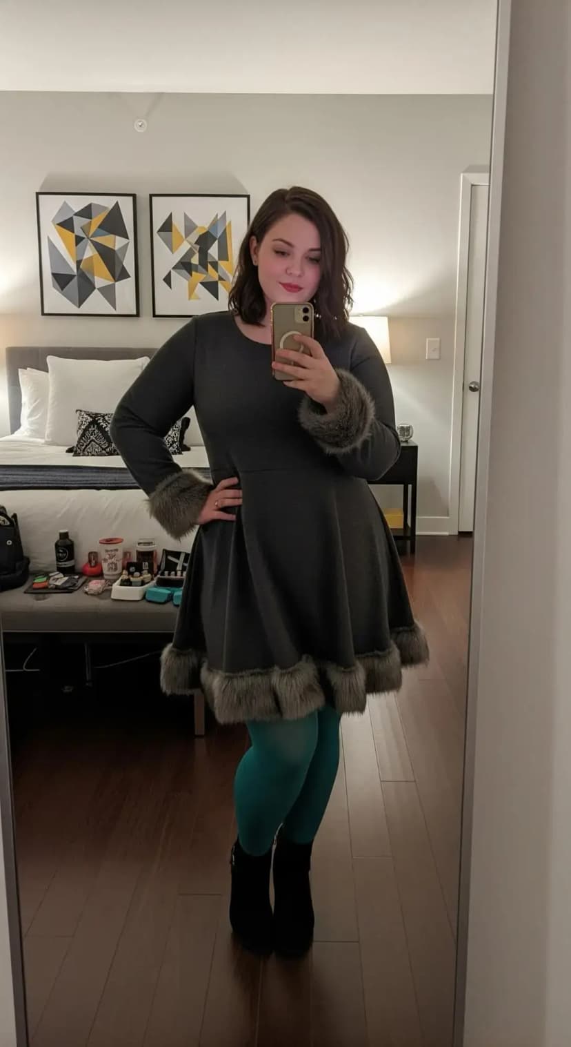 Gray Wool Fit-and-Flare Dress with Fur Trim + Teal Tights + Black Suede Ankle Boots