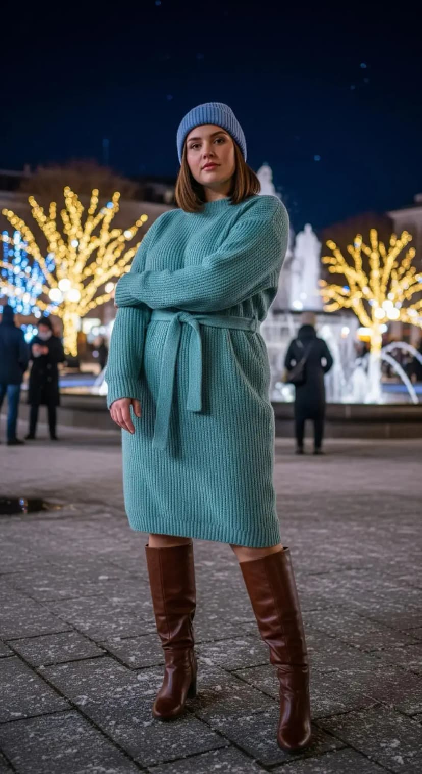 Teal Knit Dress + Blue Beanie + Cognac Knee-High Boots