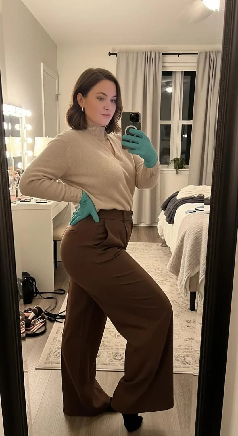 Beige Knit Top + Brown Wide-Leg Trousers