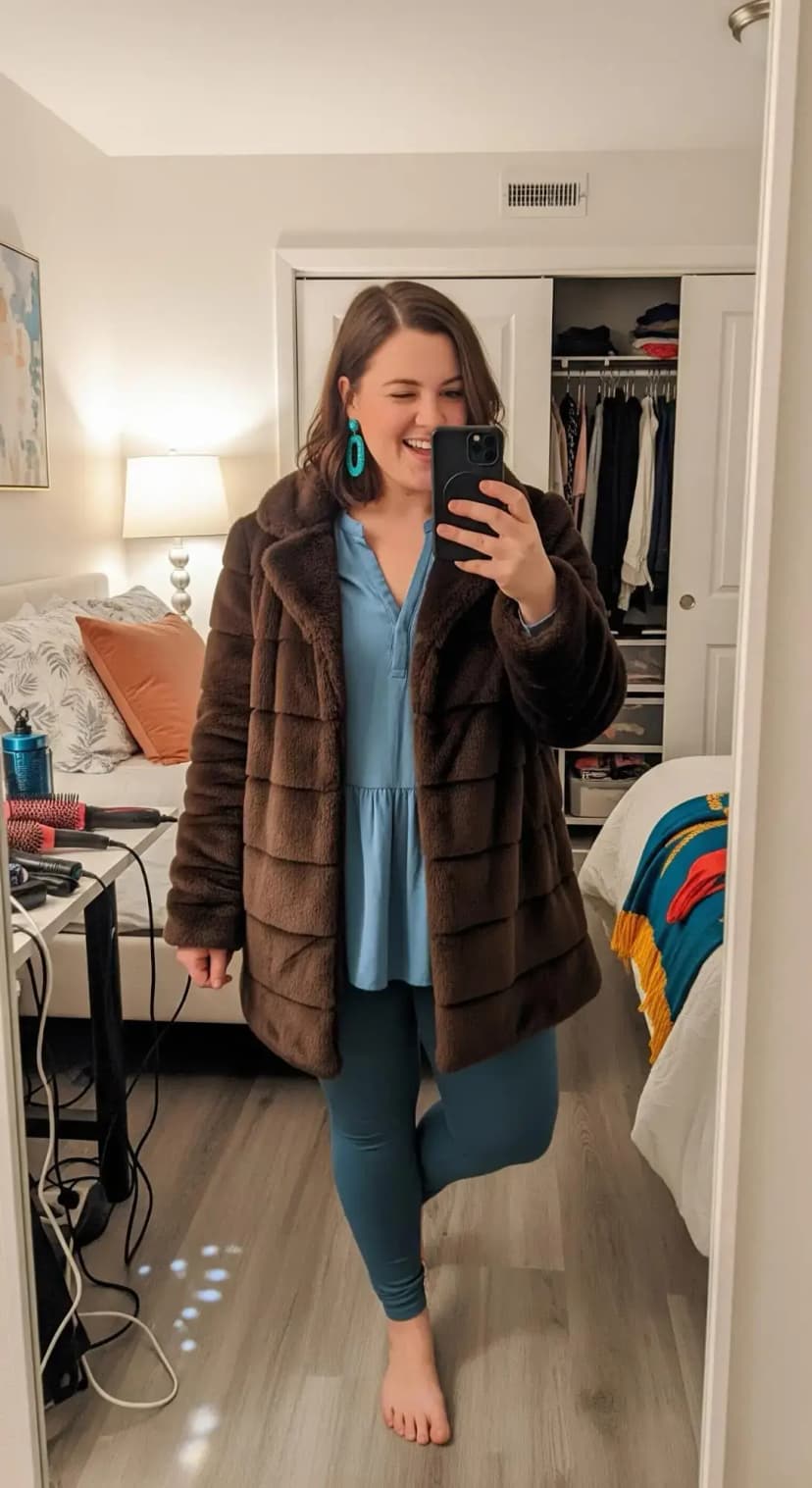Sky Blue Peplum Top + Teal Leggings + Chocolate Faux Fur Coat