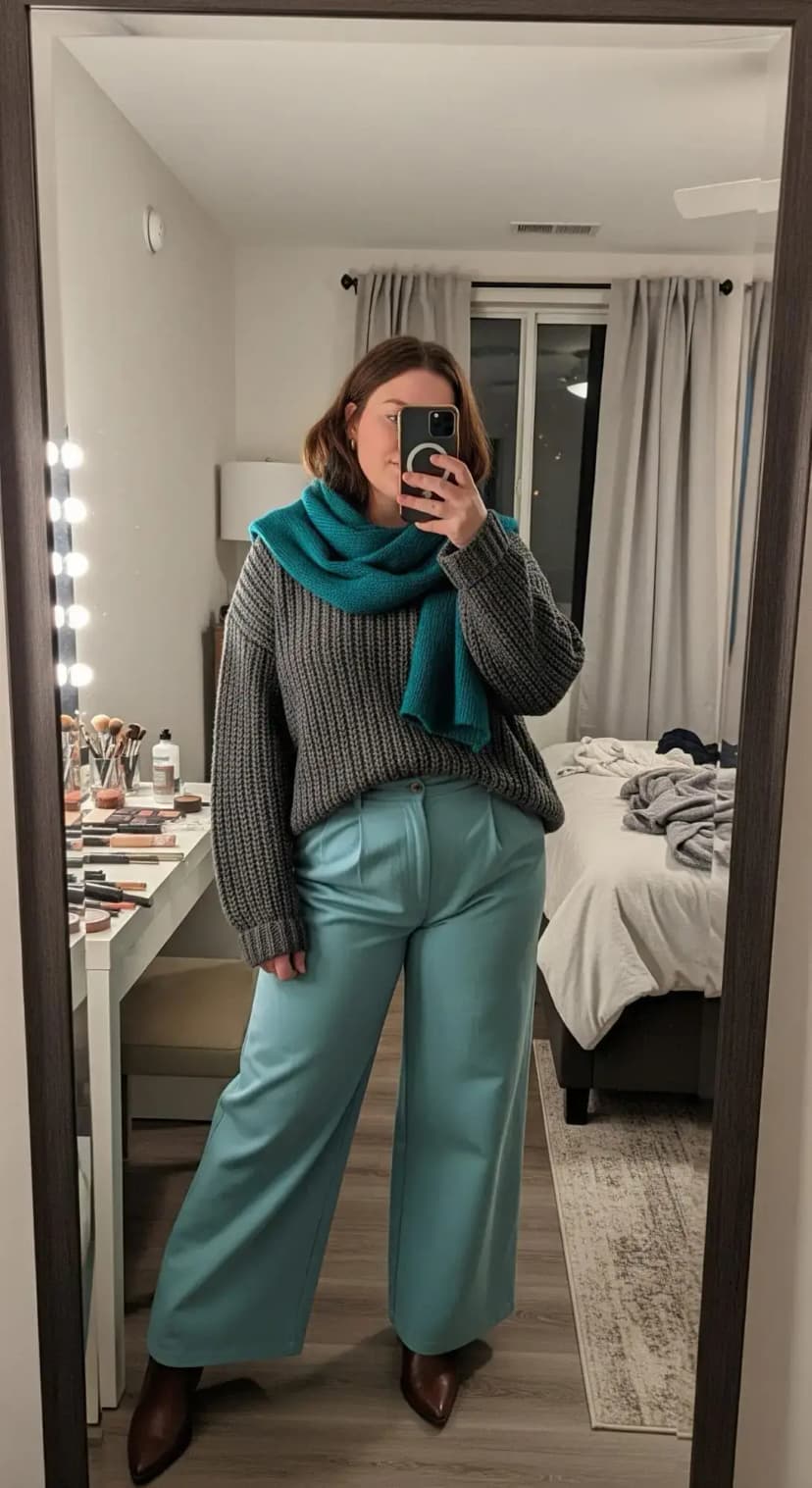 Grey Knit Sweater + Teal Trousers + Teal Knit Scarf + Brown Ankle Boots