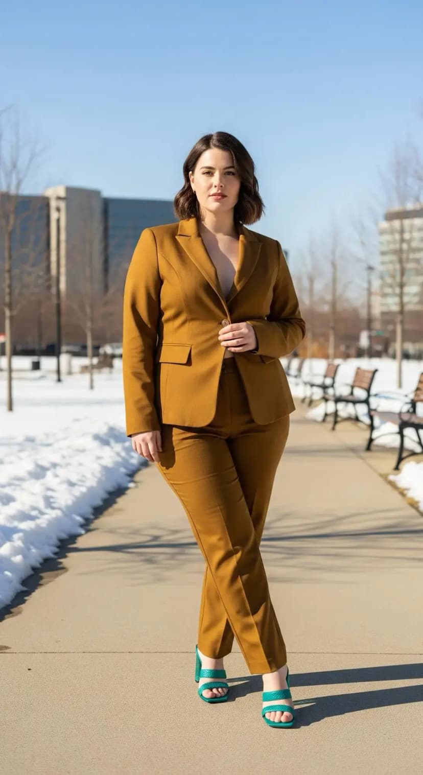 Caramel Wool Suit Set + Teal Strappy Heels