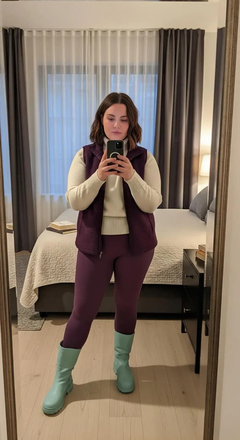 Cream Knit Turtleneck + Plum Fleece Vest + Plum Leggings + Aqua Boots