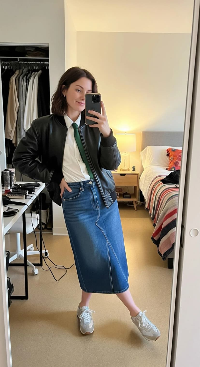 White Oxford Shirt + Denim Midi Skirt + Black Leather Bomber + Grey Sneakers