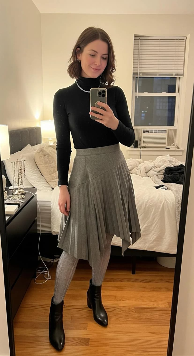 Black Turtleneck + Grey Wool Skirt + Grey Patterned Tights + Black Ankle Boots