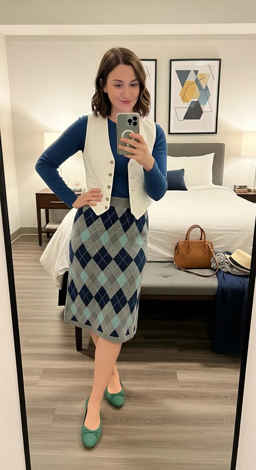 Blue Knit Top + Grey Argyle Midi Skirt + Cream Wool Vest + Green Ballet Flats