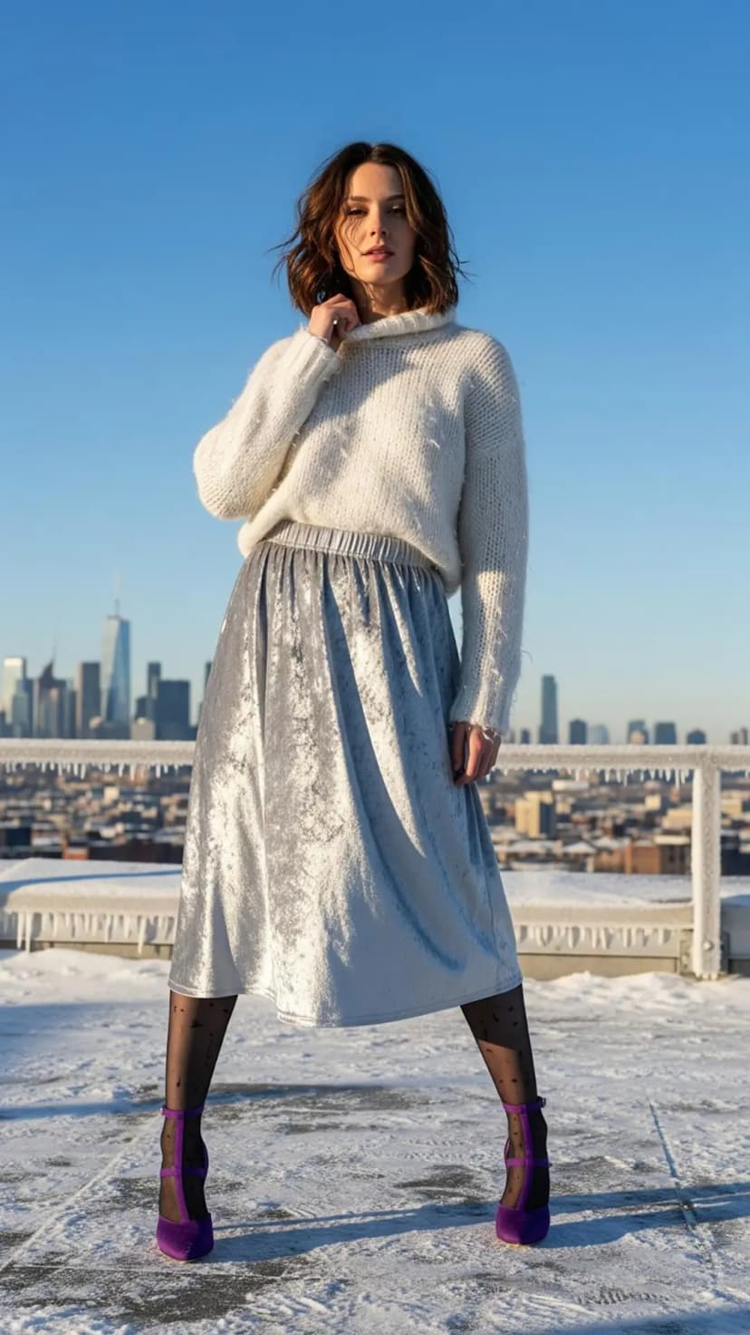Cream Knit Sweater + Silver Velvet Skirt + Patterned Tights + Purple Suede Heels