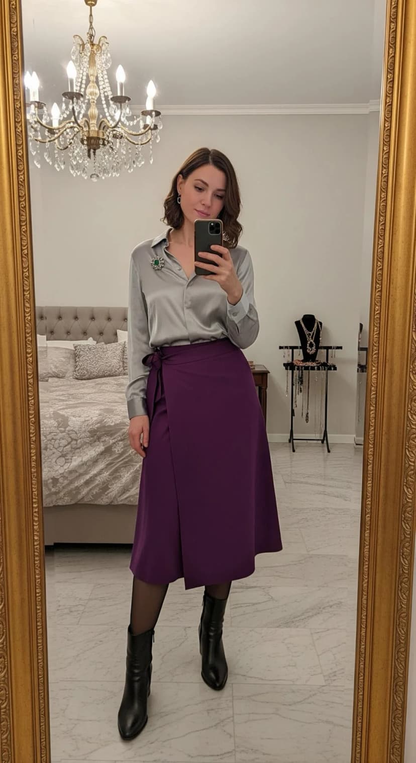 Silver Satin Button-Up + Purple Midi Wrap Skirt + Black Leather Ankle Boots