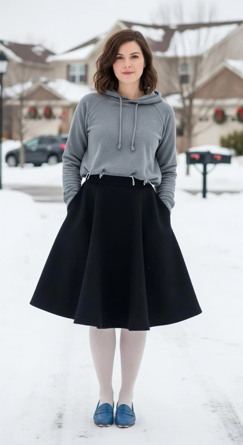 Grey Cotton Hoodie + Black Wool Skirt + Cream Tights + Blue Leather Loafers