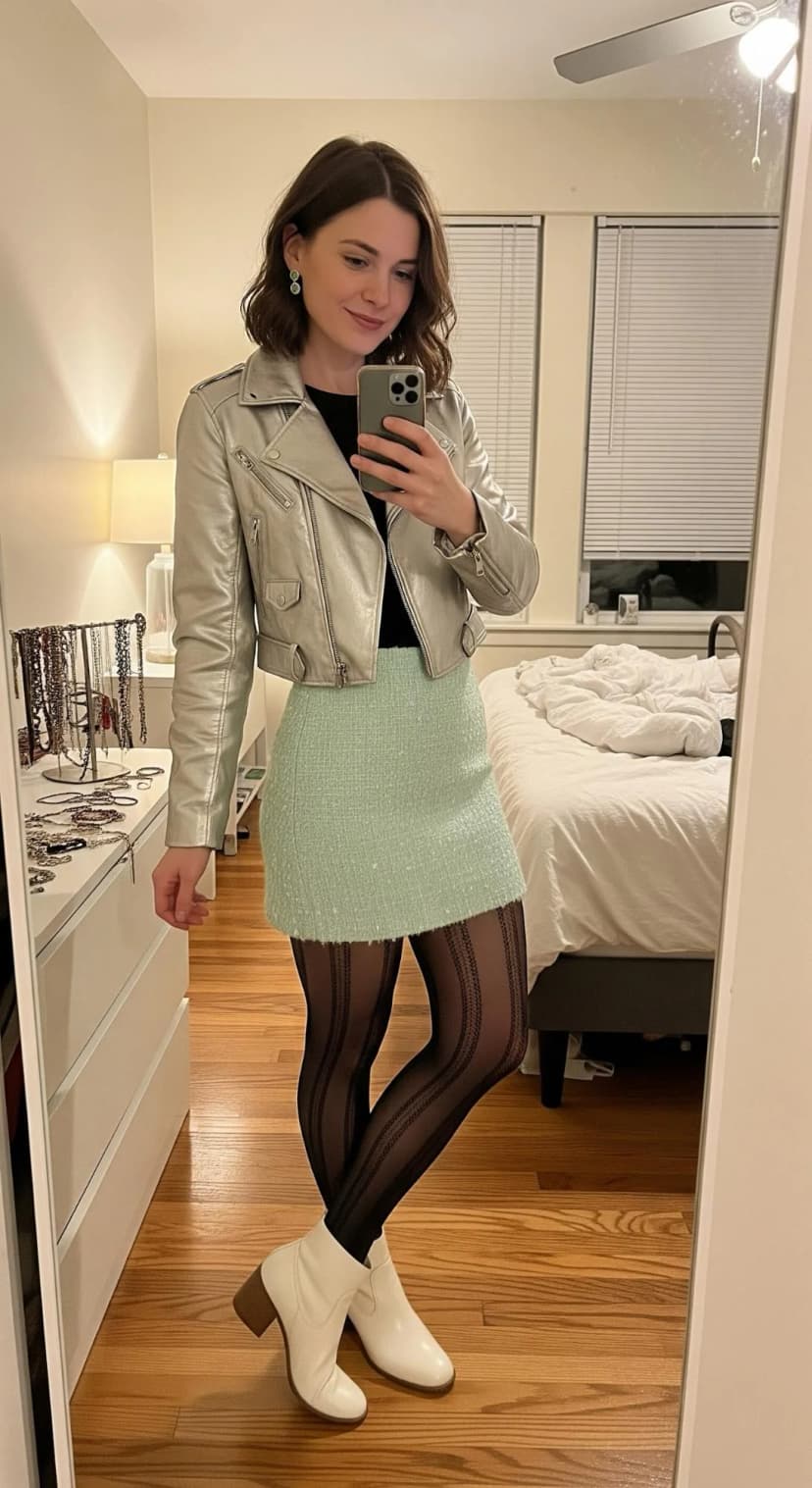 Silver Faux Leather Jacket + Mint Green Tweed Skirt + White Ankle Boots