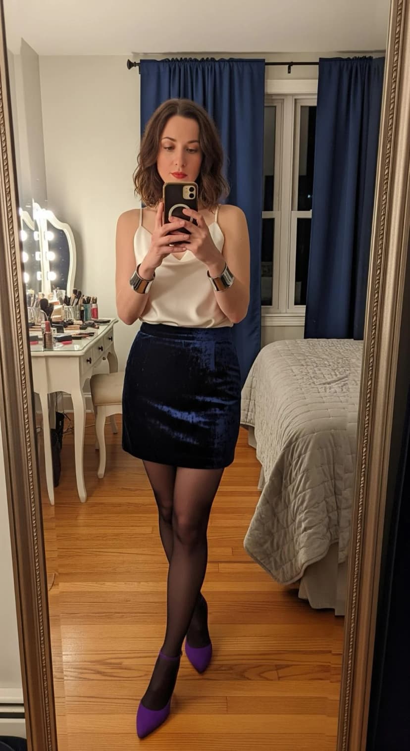 White Satin Cami + Navy Velvet Mini Skirt + Purple Pointed Pumps