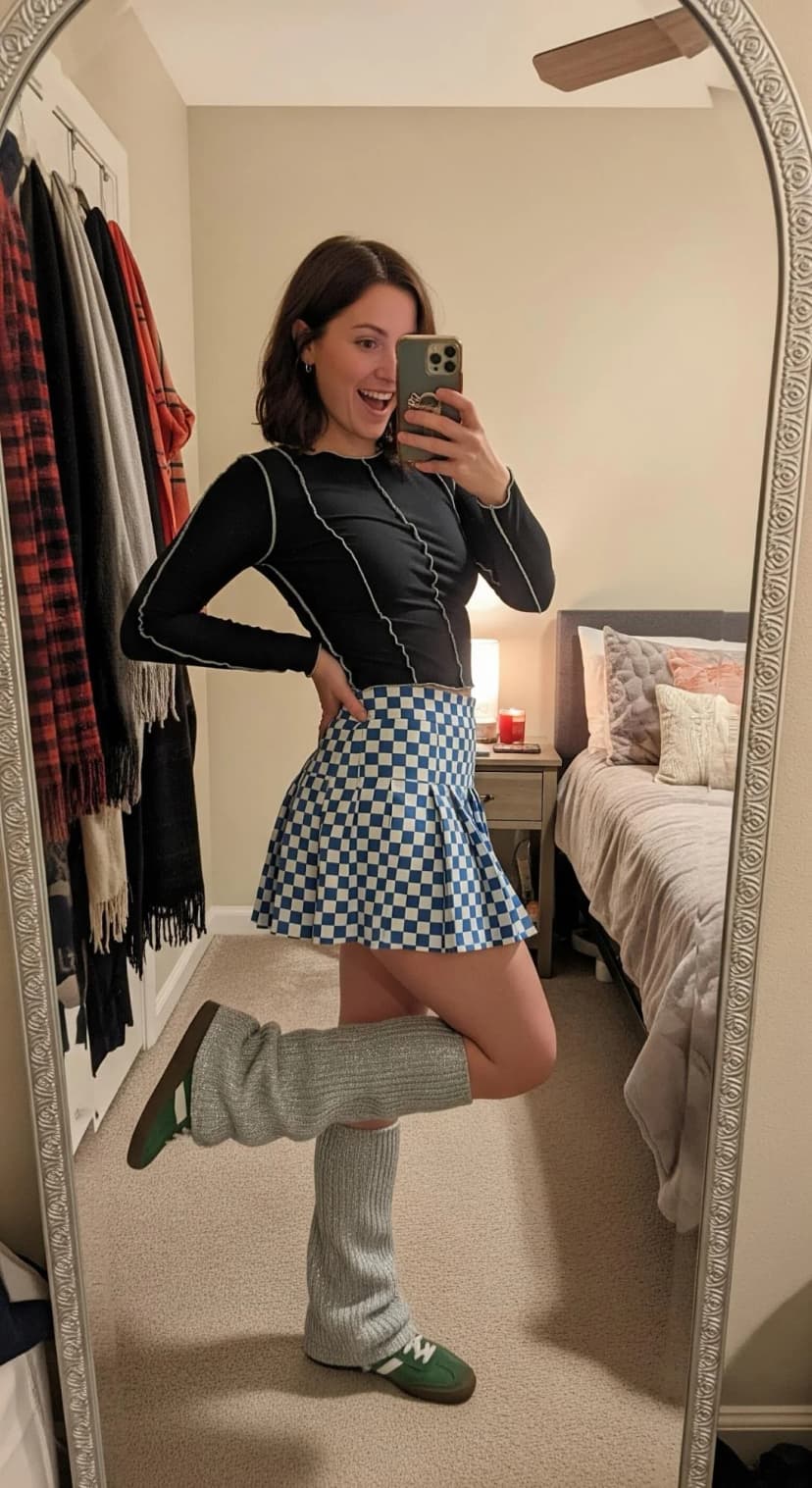Black Contrast Stitch Crop + Blue Checkered Mini Skirt + Grey Leg Warmers + Green Sneakers