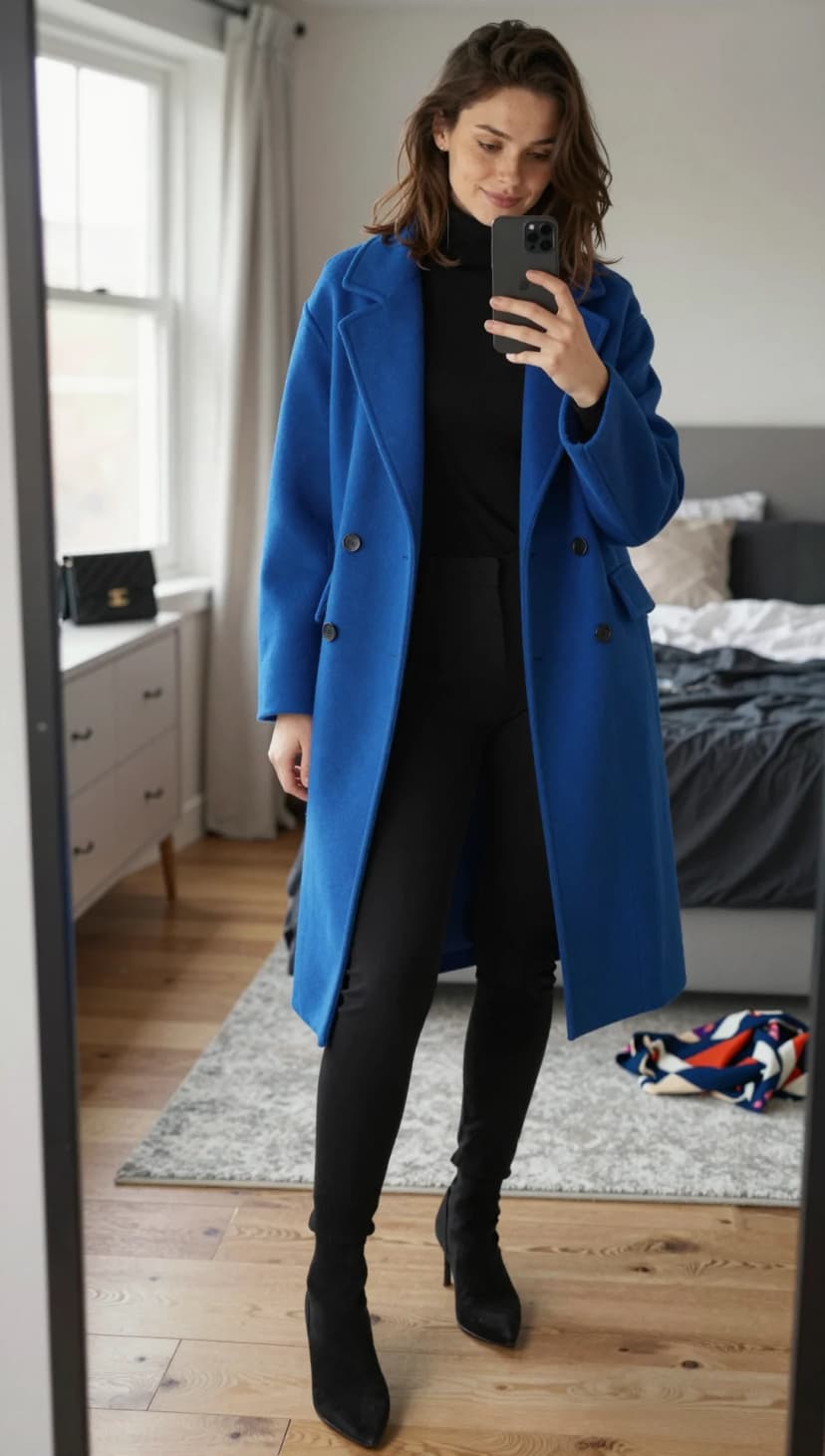 Cobalt Blue Wool Coat + Black Turtleneck + Black Trousers + Black Sock Boots