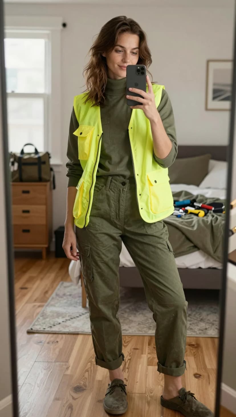 Olive Cotton Turtleneck + Olive Cargo Pants + Neon Yellow Utility Vest + Olive Suede Mules