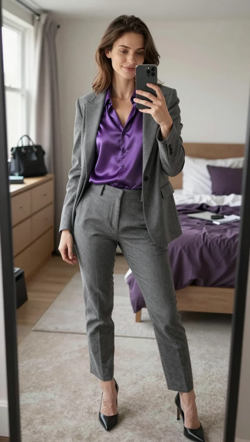 Grey Pinstripe Blazer + Purple Satin Button-Down Shirt + Grey Pinstripe Trousers + Black Pointed-Toe Heels