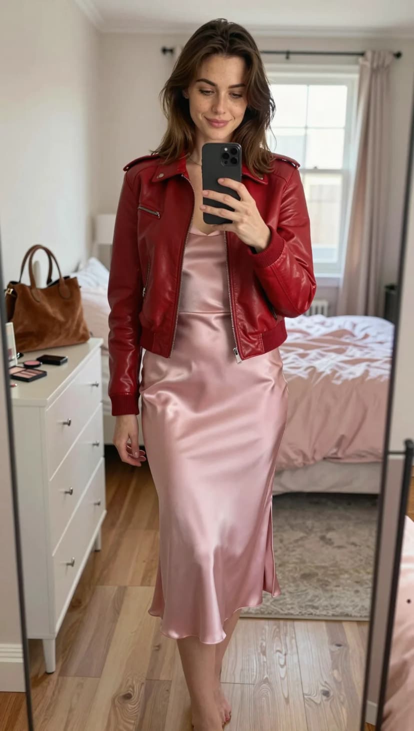 Red Leather Bomber Jacket + Pink Satin Midi Slip Dress