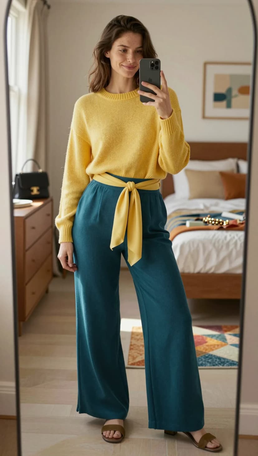 Yellow Knit Sweater + Teal Wide-Leg Trousers + Yellow Sash Belt + Olive Suede Slides