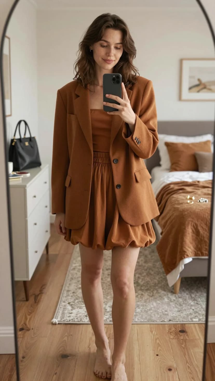 Brown Suede Blazer + Brown Strapless Bubble Mini Dress