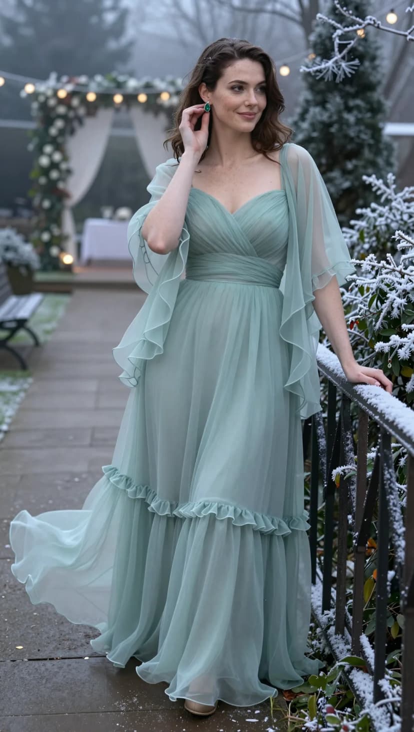 Sage Chiffon Ruffle Gown + Emerald Drop Earrings