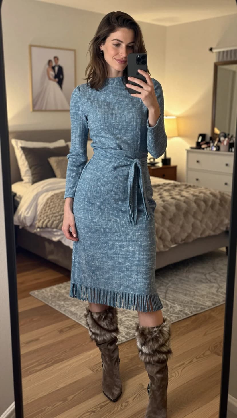 Blue Tweed Midi Dress + Taupe Fur Trim Boots