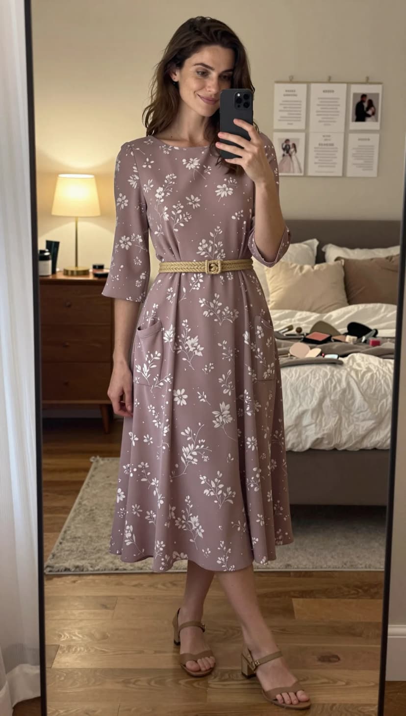 Mauve Floral Print Midi Dress + Tan Woven Belt + Tan Block Heel Sandals