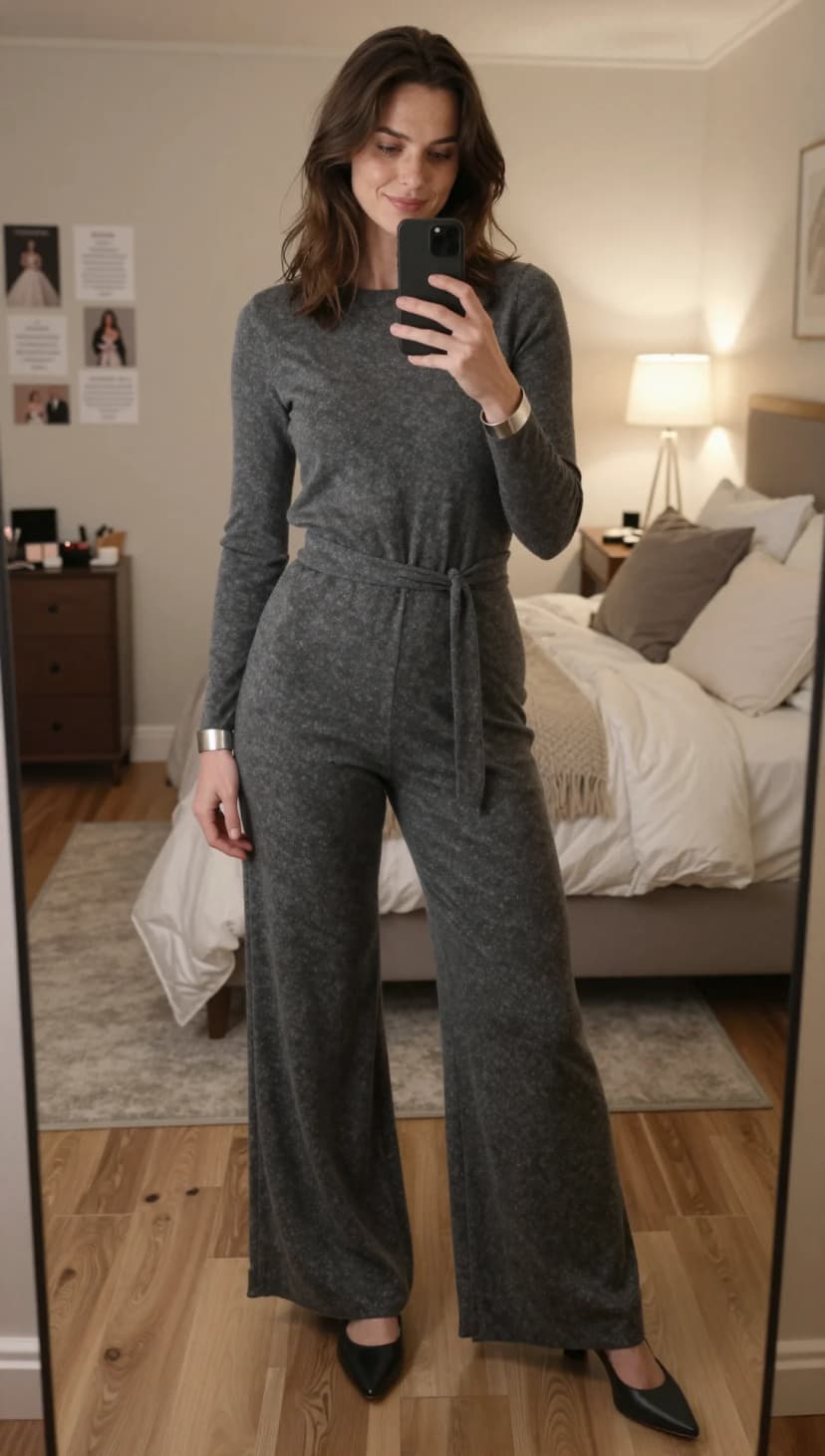 Grey Knit Jumpsuit + Black Pointed Heels