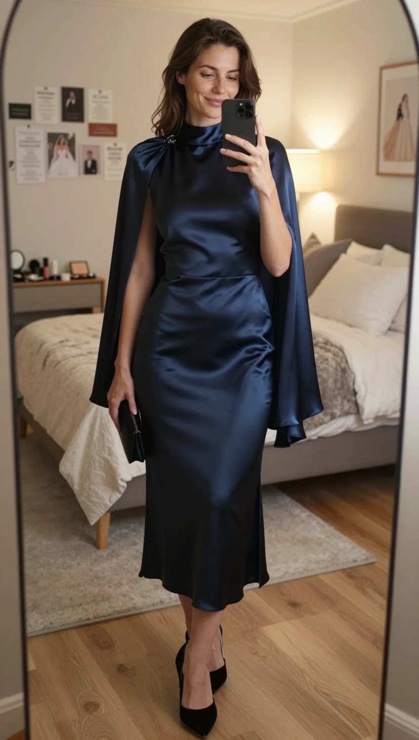 Navy Satin Cape Dress + Black Clutch + Black Suede Heels