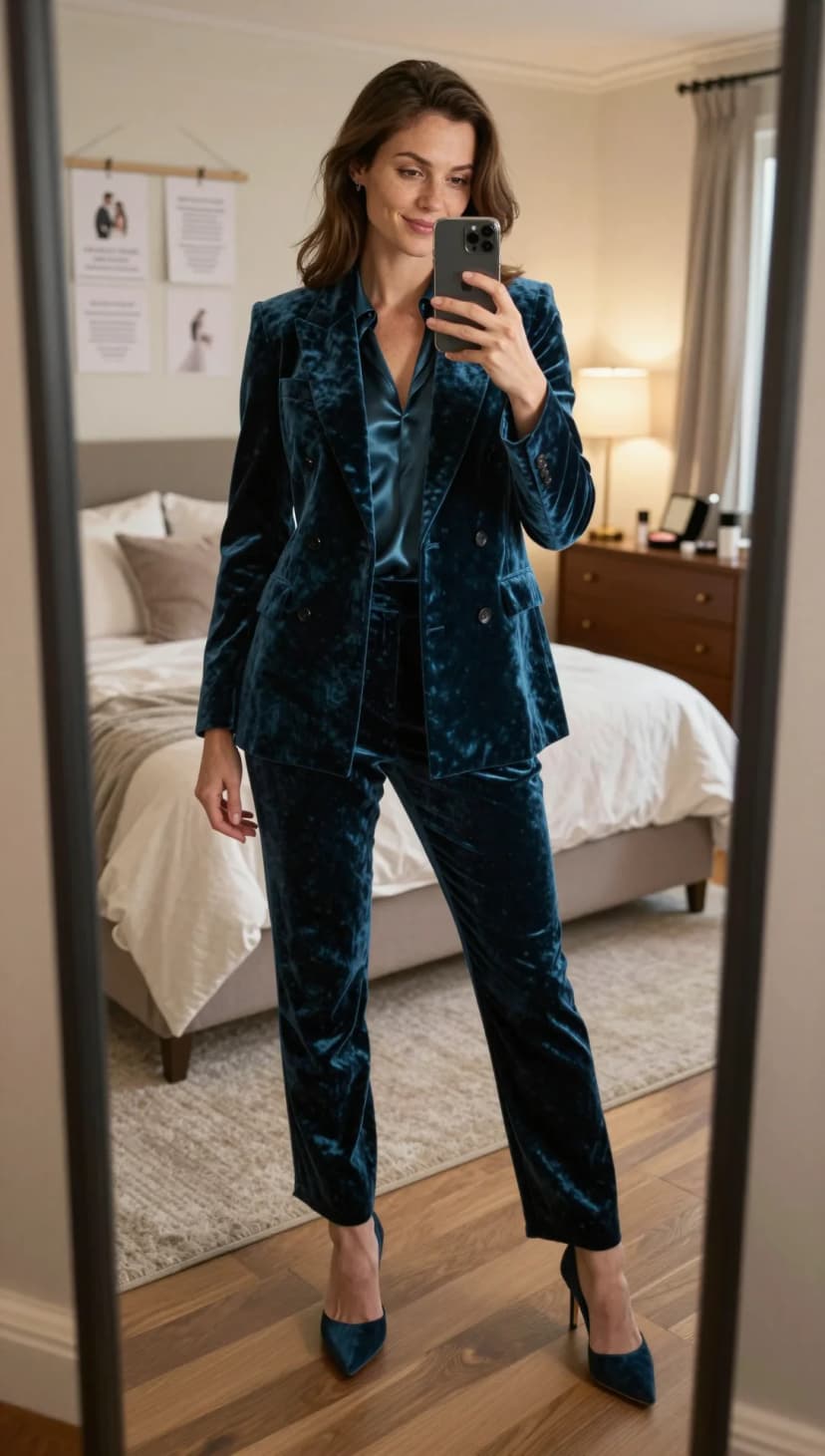 Teal Velvet Blazer + Teal Satin Blouse + Teal Velvet Trousers + Teal Suede Heels