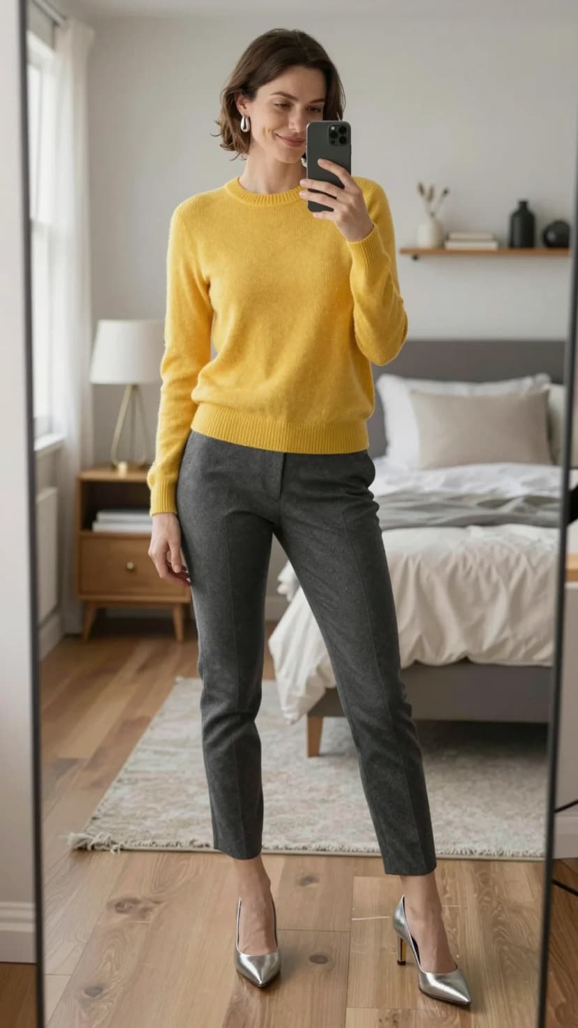 Yellow Crewneck Sweater + Charcoal Grey Trousers + Silver Pointed-Toe Heels