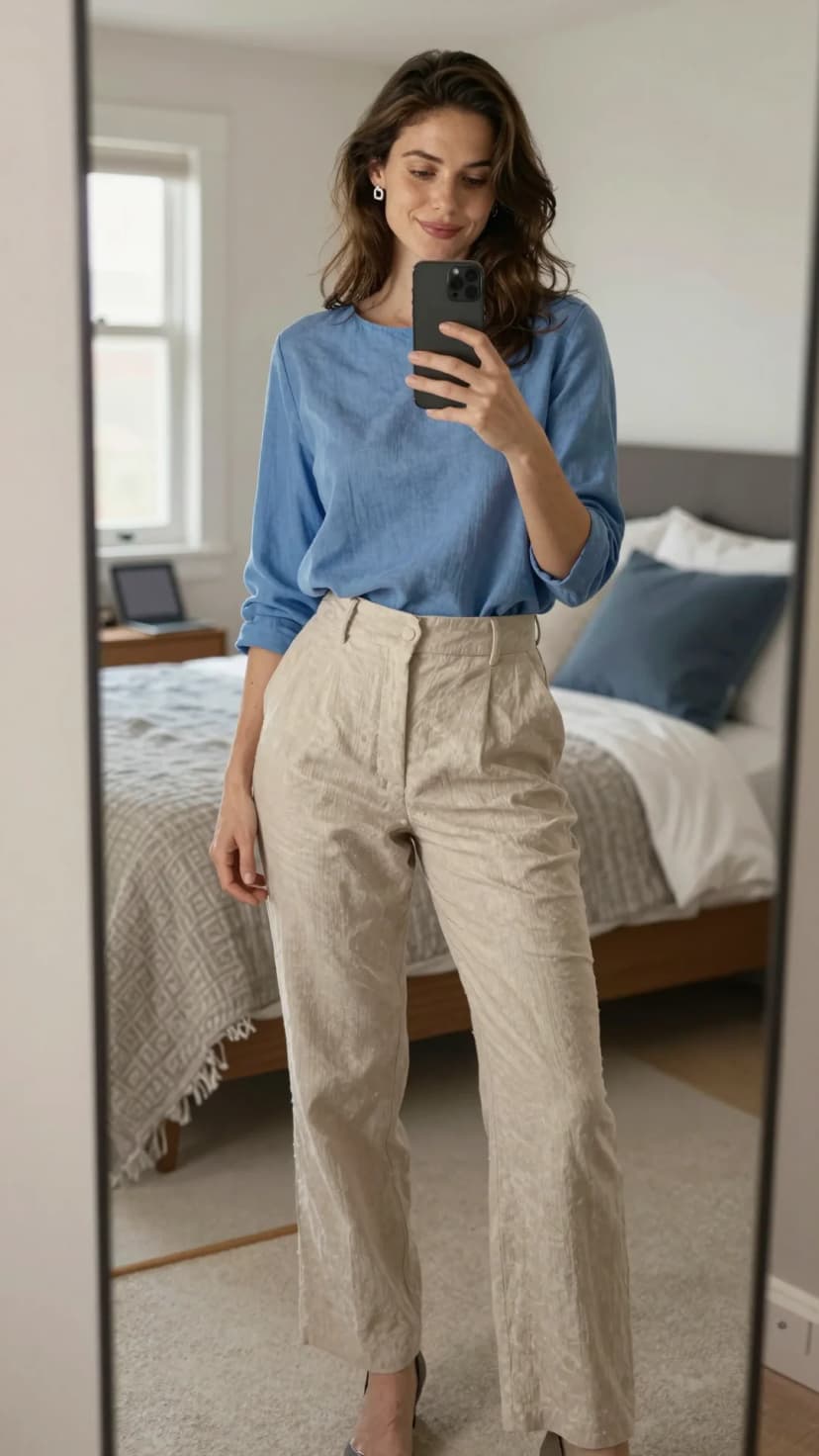 Blue Linen Top + Beige Textured Trousers + Silver Heels