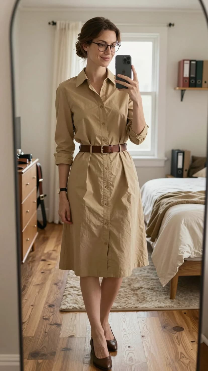 Khaki Cotton Button-Down Midi Dress + Brown Leather Belt + Brown Leather Pumps