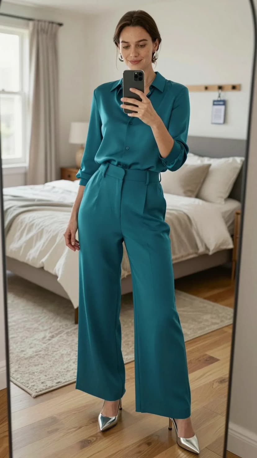 Teal Satin Button-Up + Teal Wide-Leg Trousers + Silver Pointed-Toe Heels