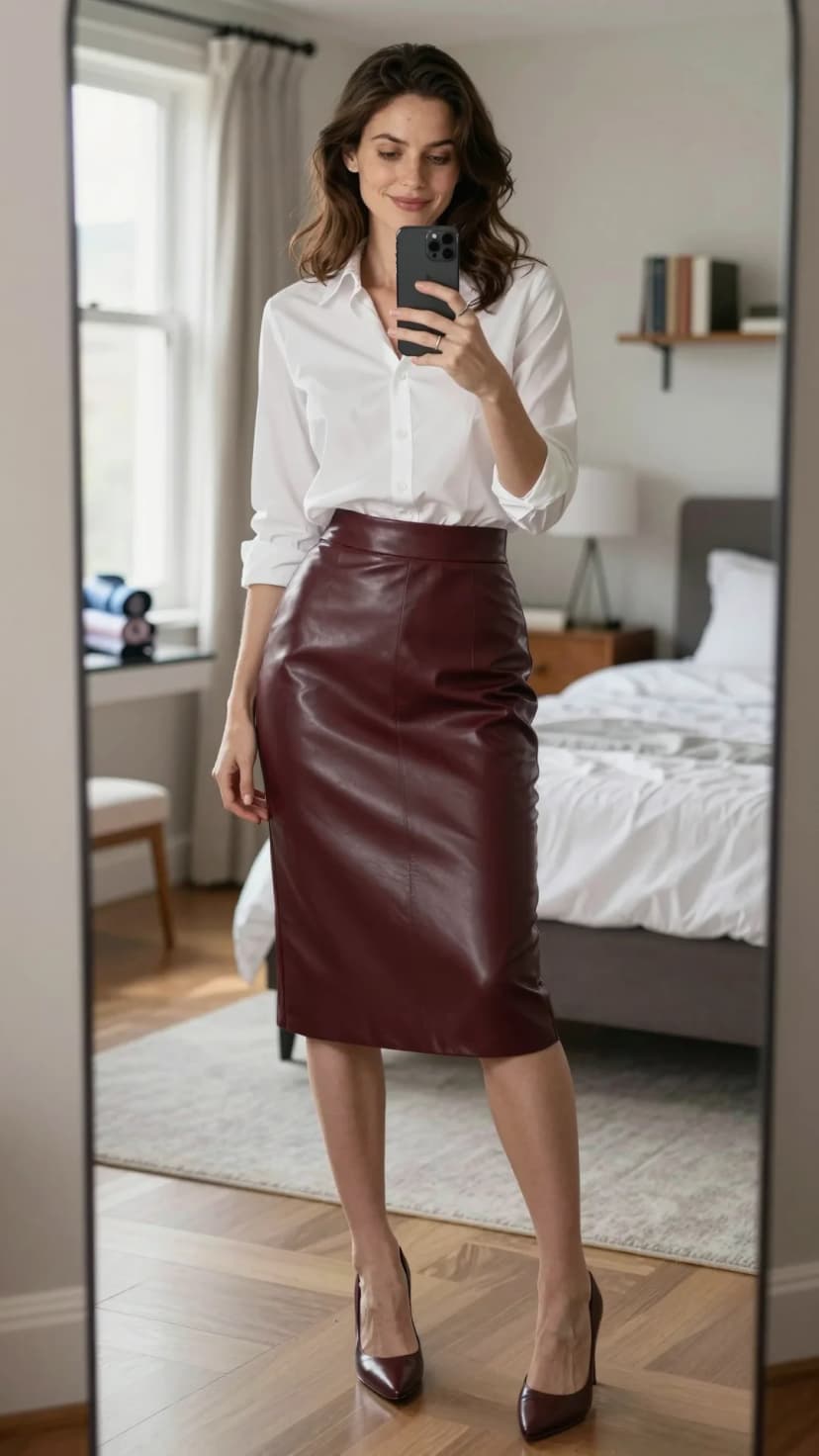 White Cotton Button-Down Shirt + Burgundy Faux Leather Pencil Skirt + Burgundy Pointed-Toe Pumps
