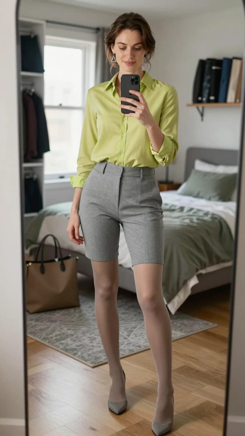 Lime Green Silk Shirt + Grey Pinstripe Bermuda Shorts + Grey Suede Heels