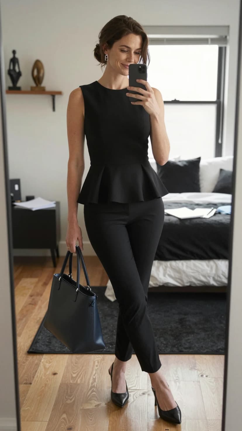 Black Peplum Sleeveless Top + Black Tailored Trousers + Black Slingback Heels