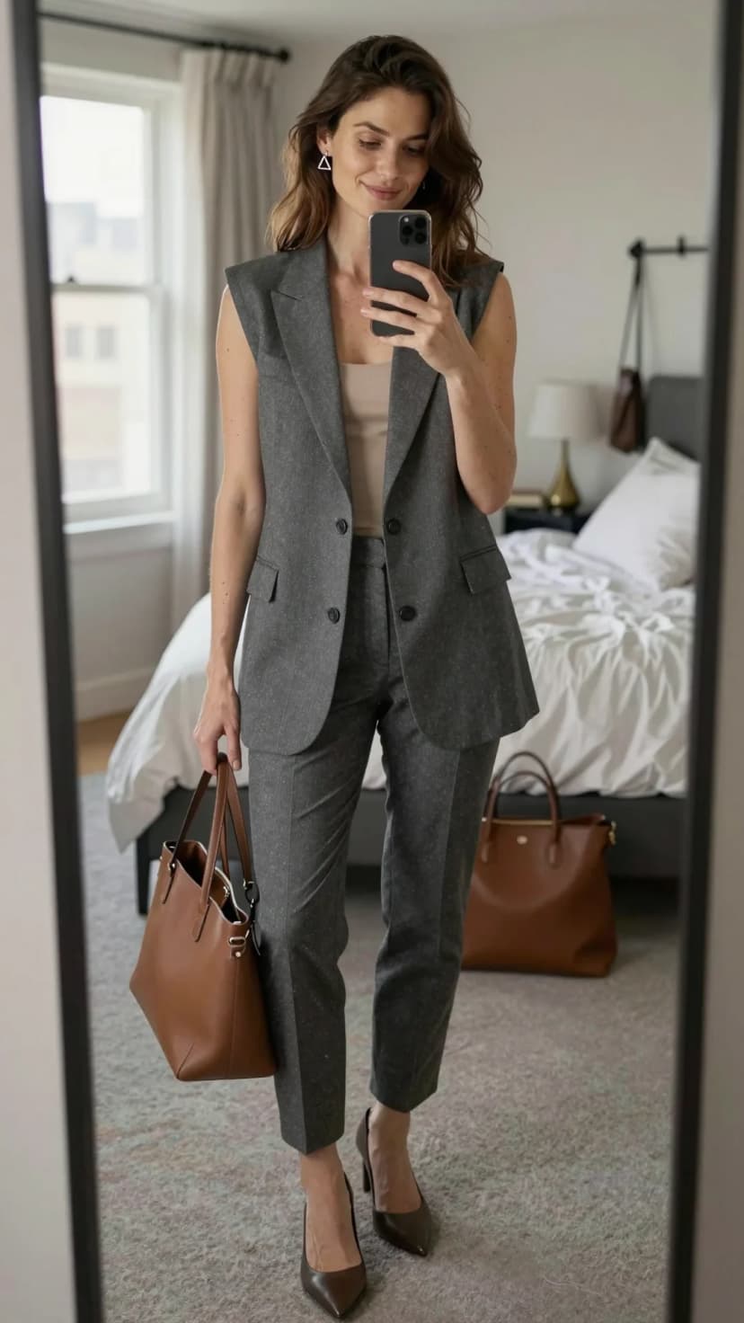 Grey Herringbone Sleeveless Blazer + Beige Knit Tank + Grey Trousers + Brown Heels