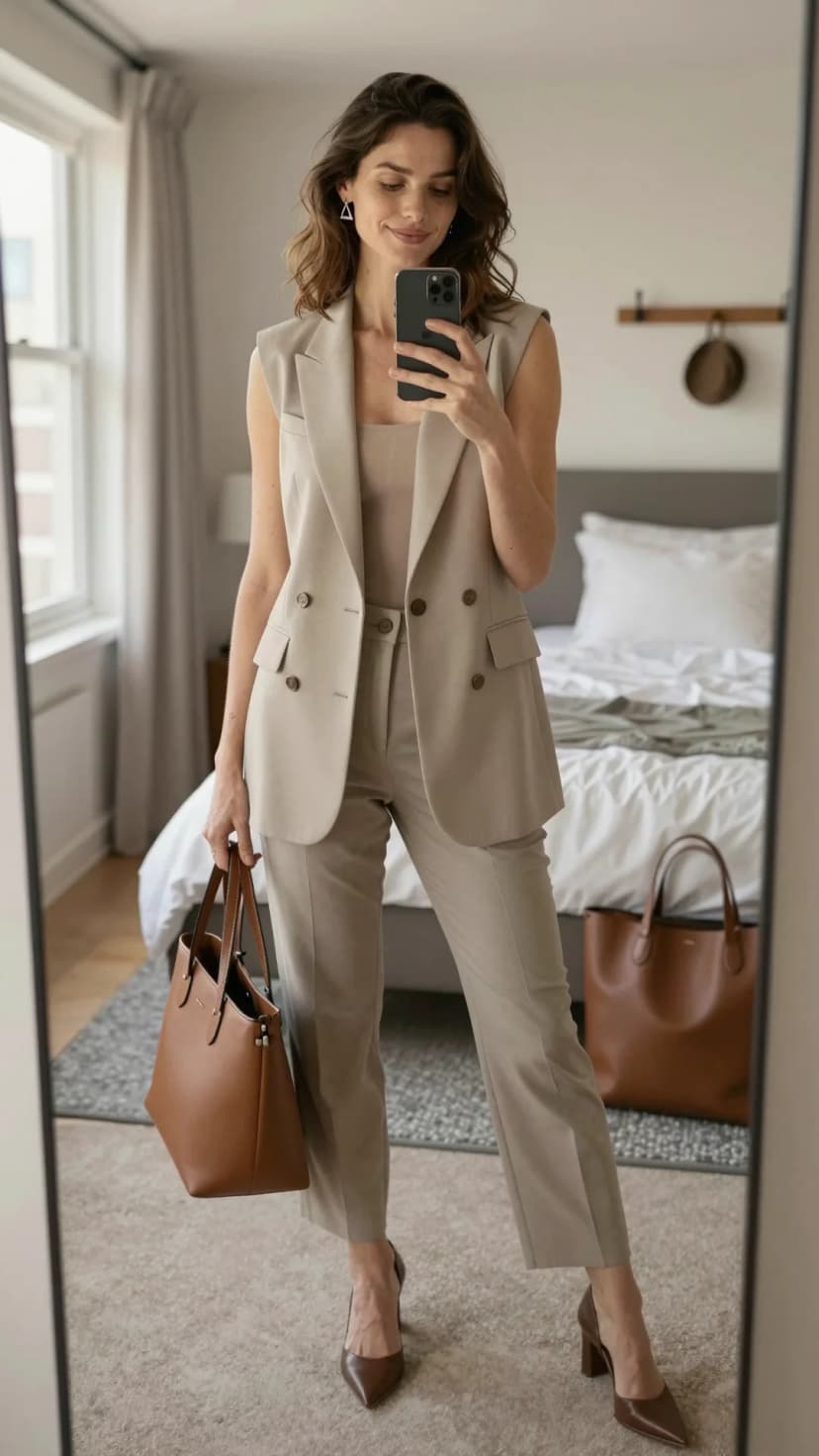Grey Herringbone Sleeveless Blazer + Beige Knit Tank + Grey Trousers + Brown Heels