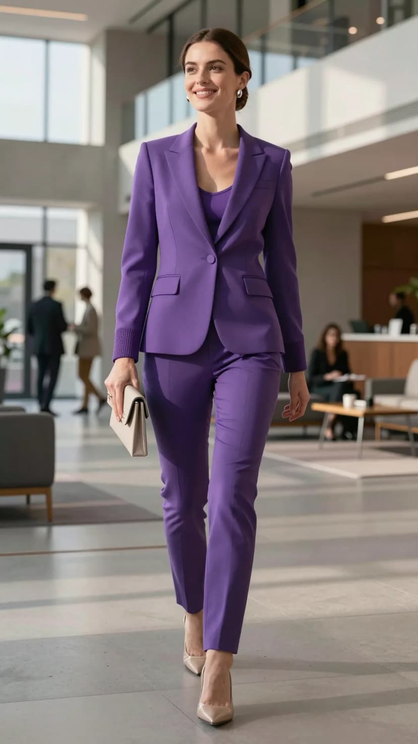 Purple Wool Blazer + Purple Wool Trousers + Purple Knit Tank + Beige Clutch + Beige Heels